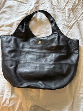 Tory Burch Black Leather Shoulder Tote with Gold Logo